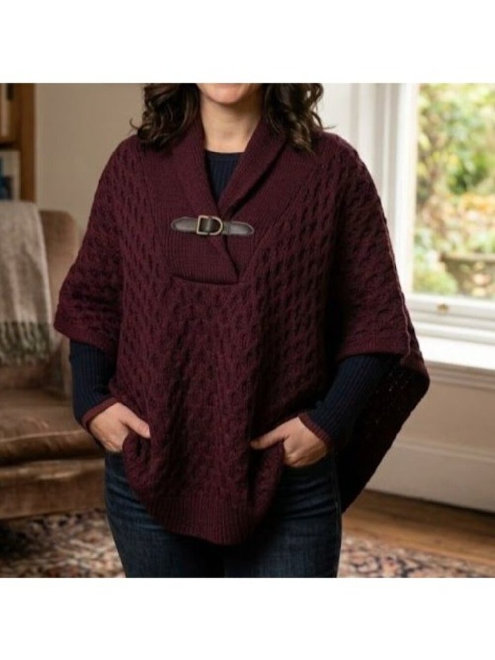 Blarney Aran Irish Knit Poncho Womens One Size Burgundy Merino Wool Fisherman